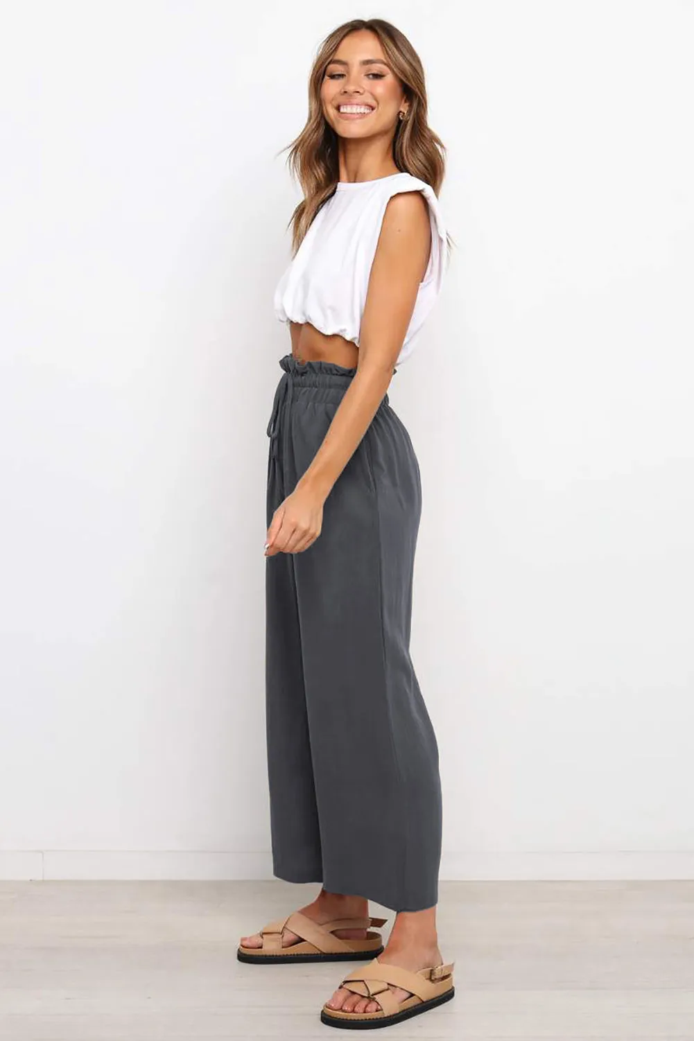 Paperbag Waist Straight Leg Cropped Pants