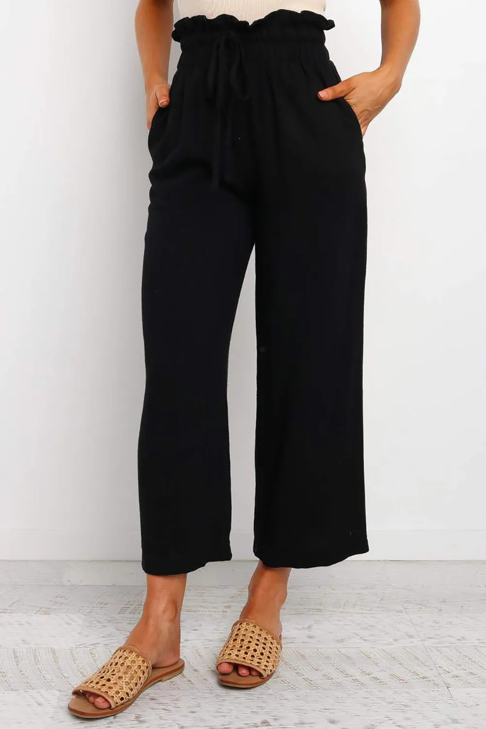 Paperbag Waist Straight Leg Cropped Pants