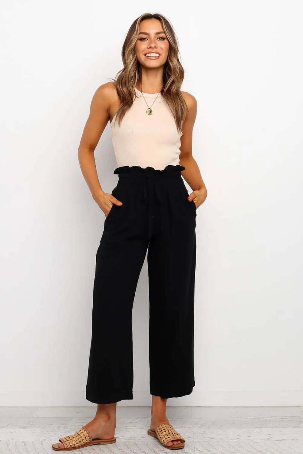 Paperbag Waist Straight Leg Cropped Pants