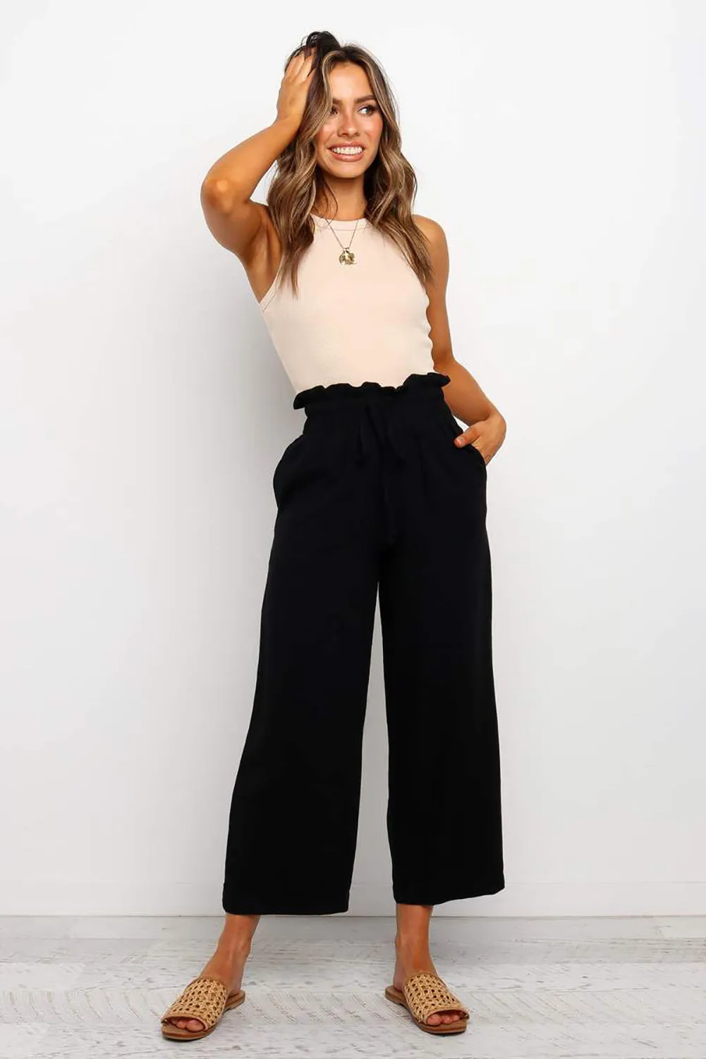 Paperbag Waist Straight Leg Cropped Pants