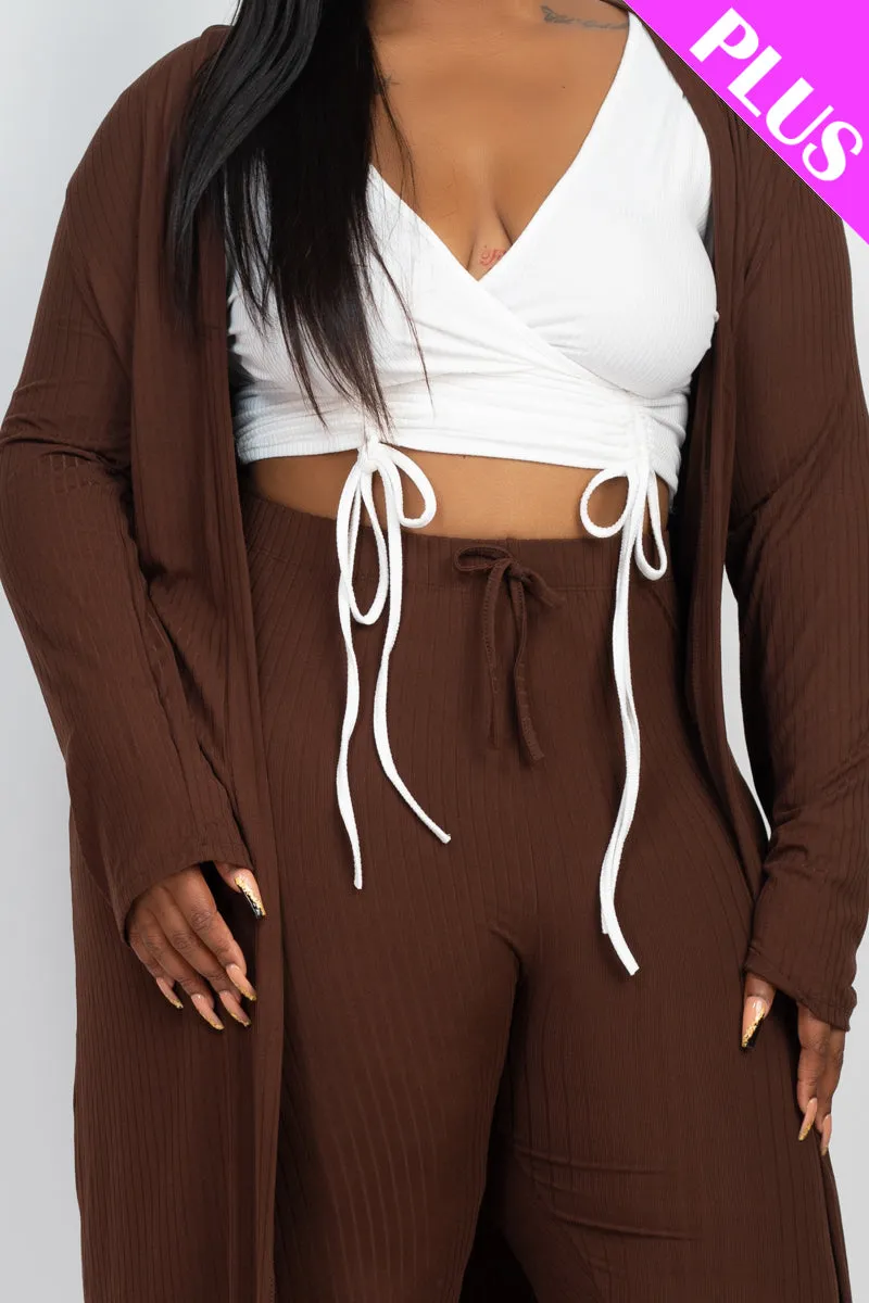 Plus Size Ribbed Long Cardigan & Leggings Set