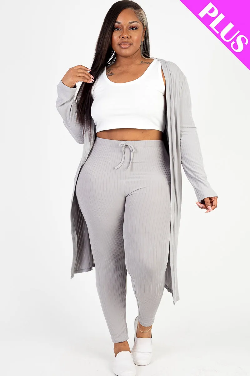 Plus Size Ribbed Long Cardigan & Leggings Set