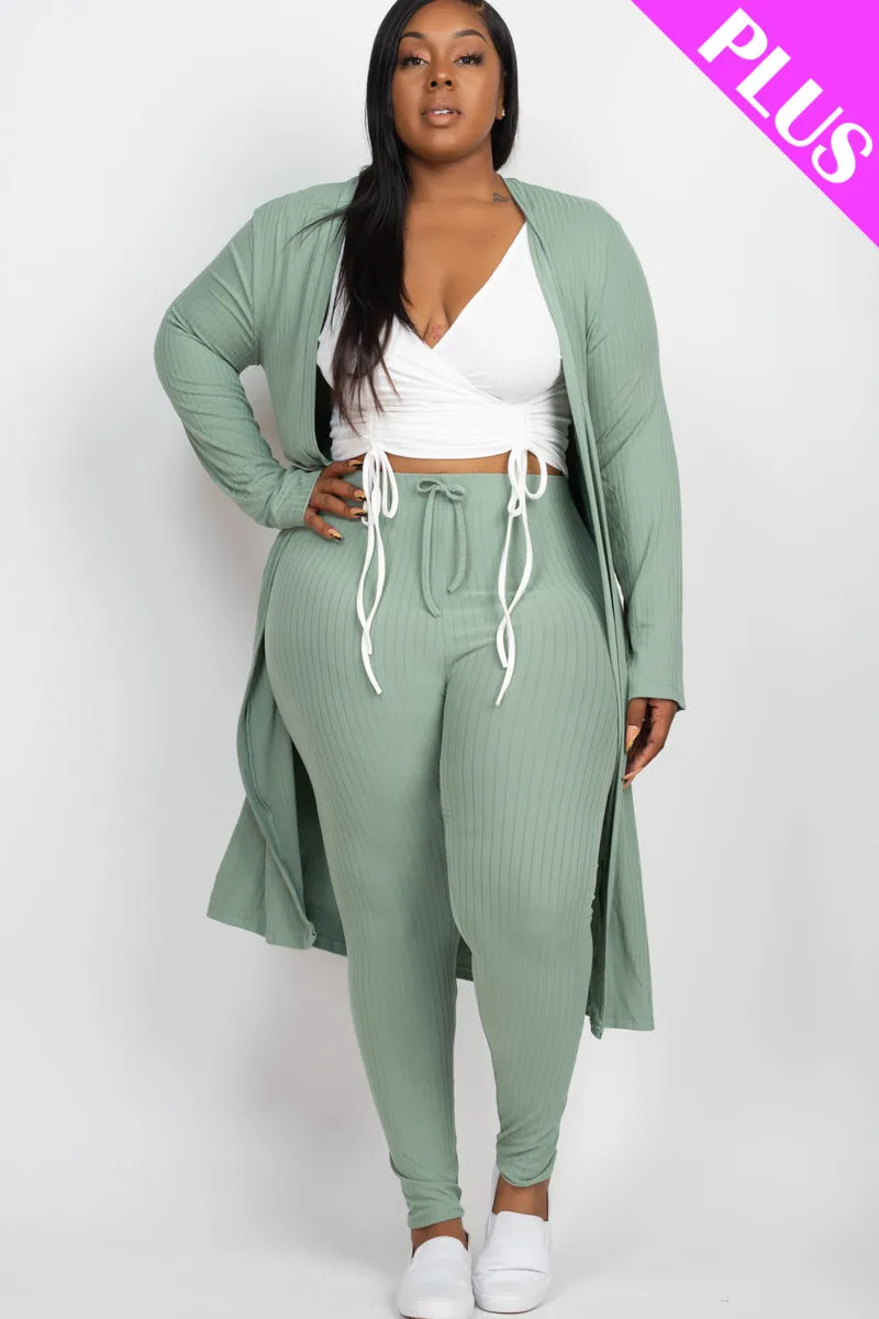 Plus Size Ribbed Long Cardigan & Leggings Set