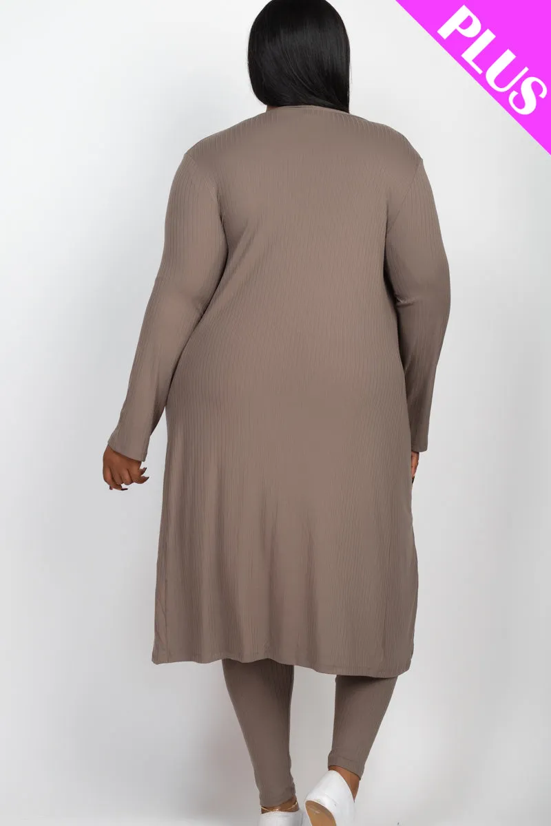 Plus Size Ribbed Long Cardigan & Leggings Set