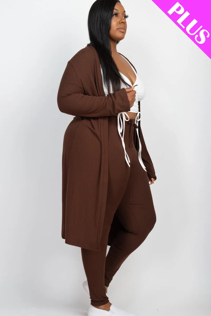 Plus Size Ribbed Long Cardigan & Leggings Set