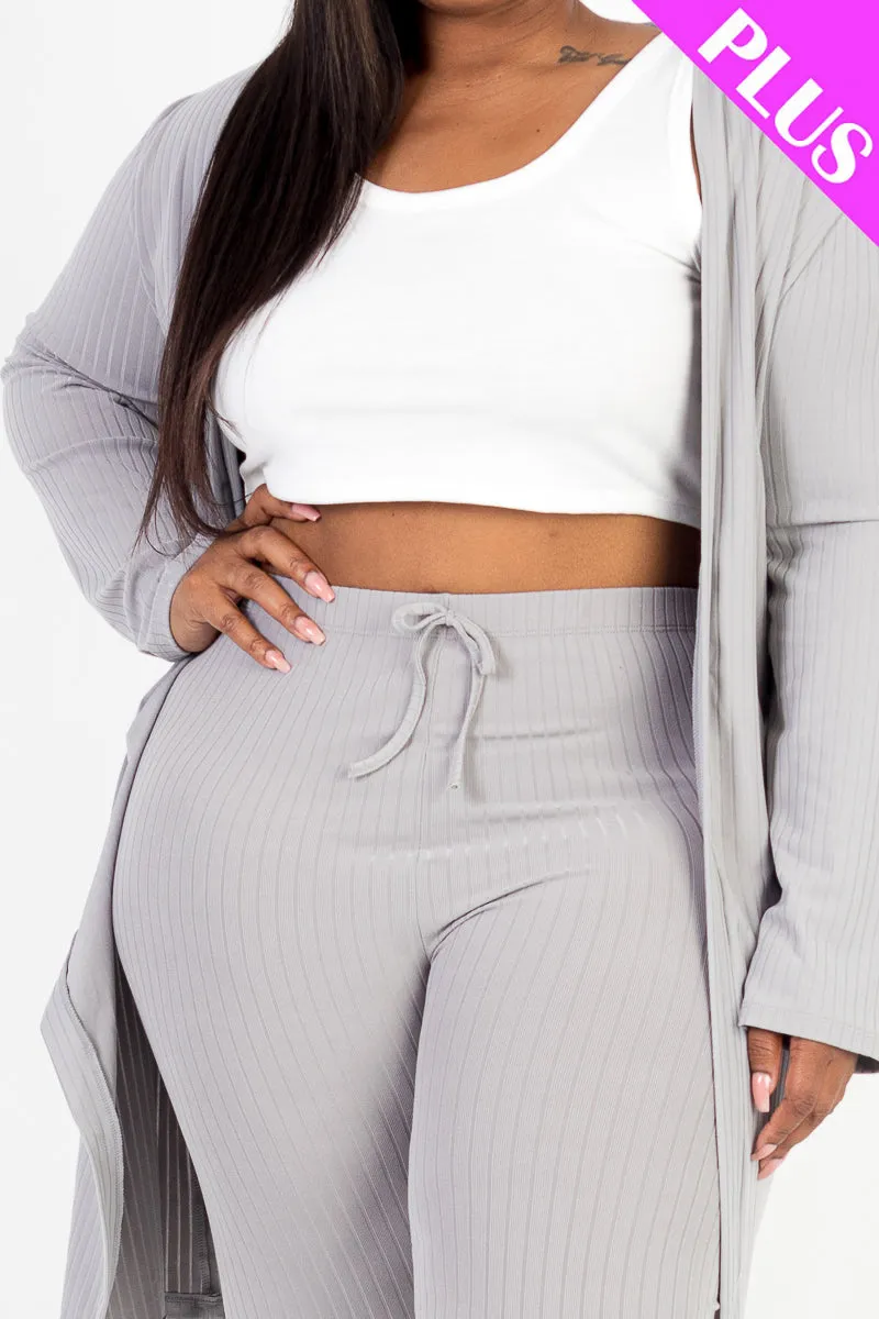 Plus Size Ribbed Long Cardigan & Leggings Set