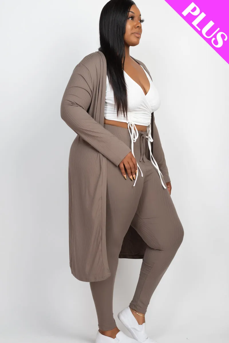 Plus Size Ribbed Long Cardigan & Leggings Set