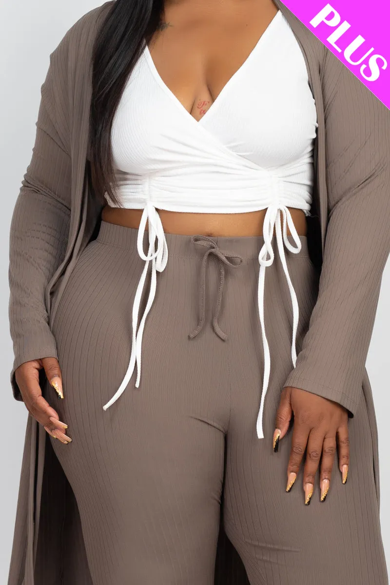 Plus Size Ribbed Long Cardigan & Leggings Set