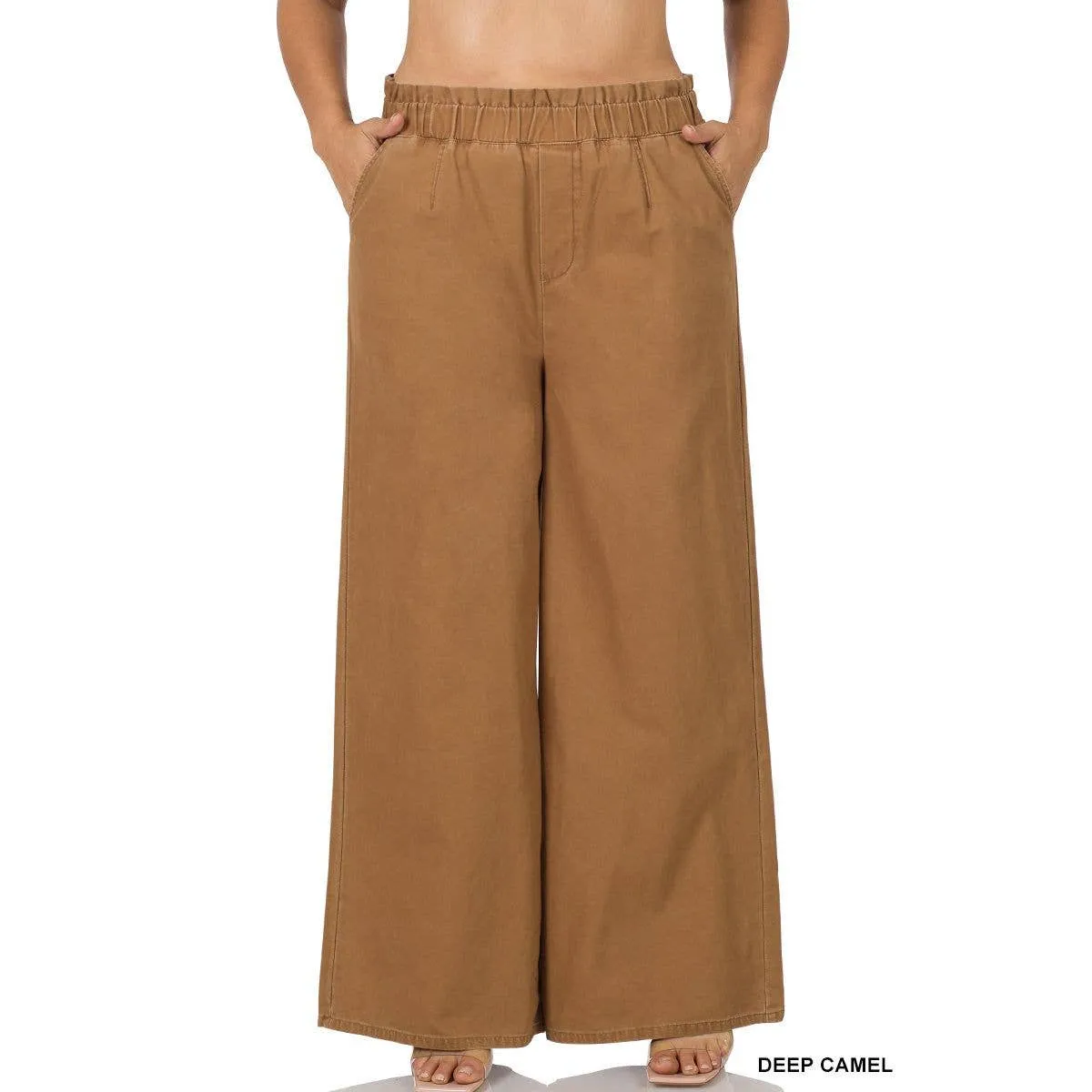 PLUS STONE WASHED CANVAS PAPERBAG WIDE LEG PANTS