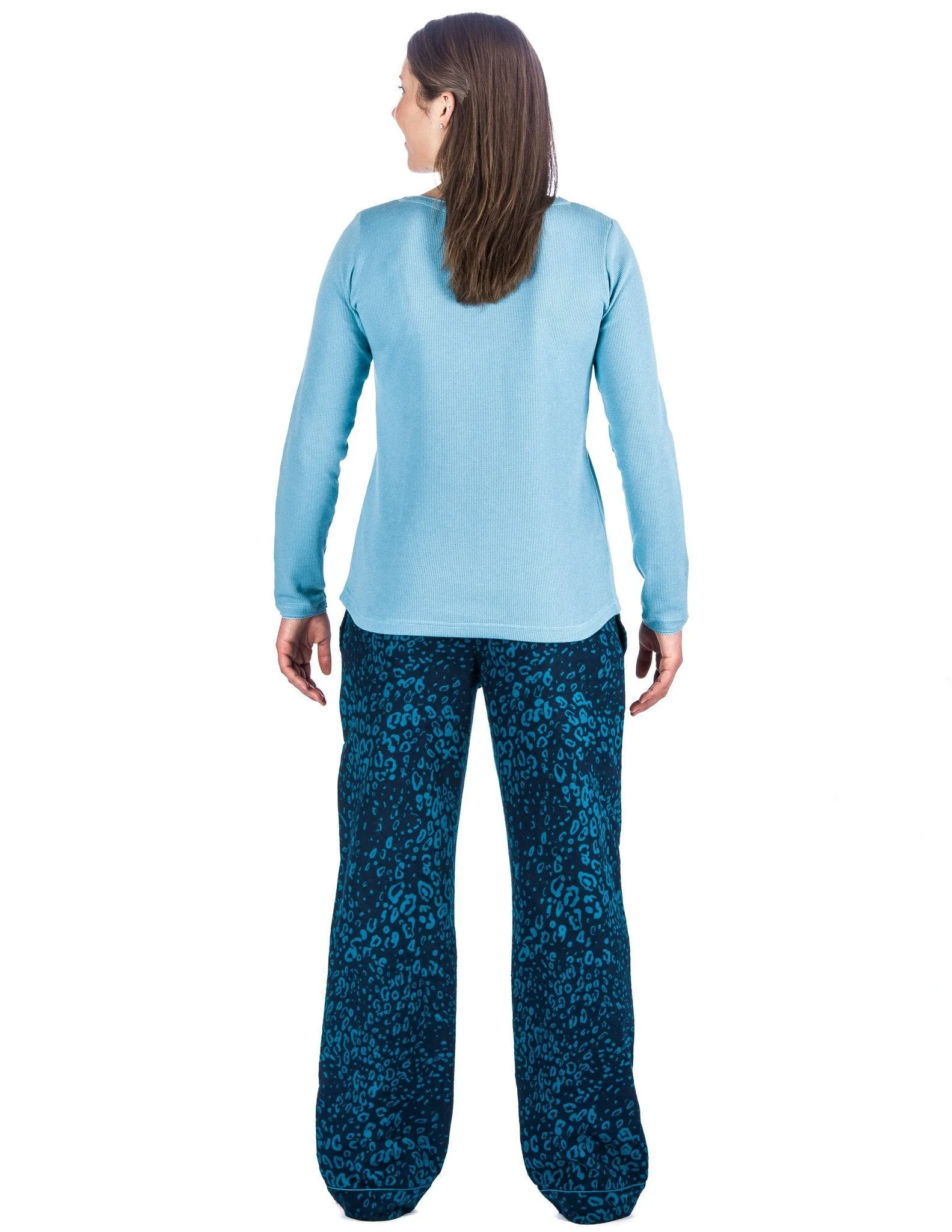 Relaxed Fit Womens Cotton Flannel Lounge Set with Crew Neck Top - Leopard Blue