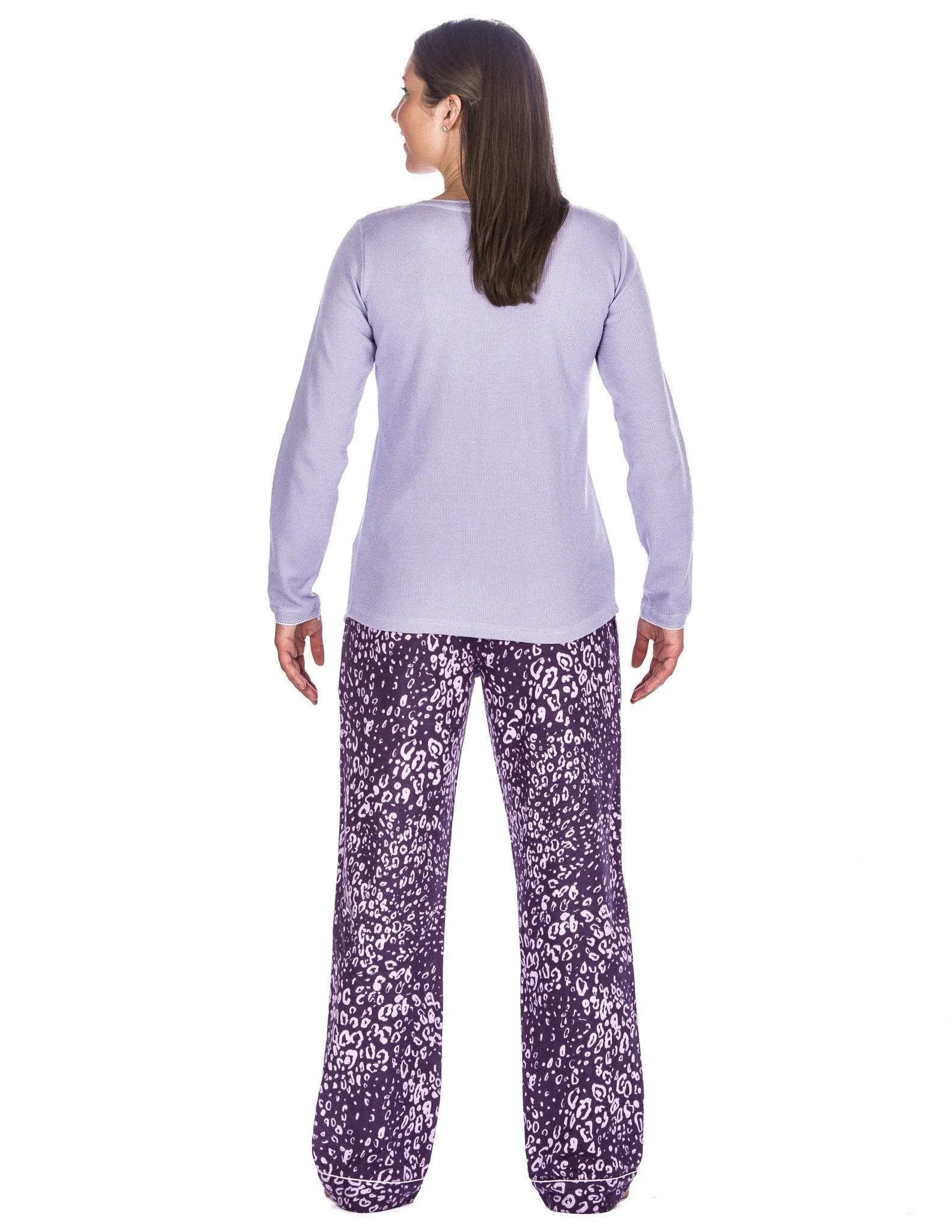 Relaxed Fit Womens Cotton Flannel Lounge Set with Crew Neck Top - Leopard Purple