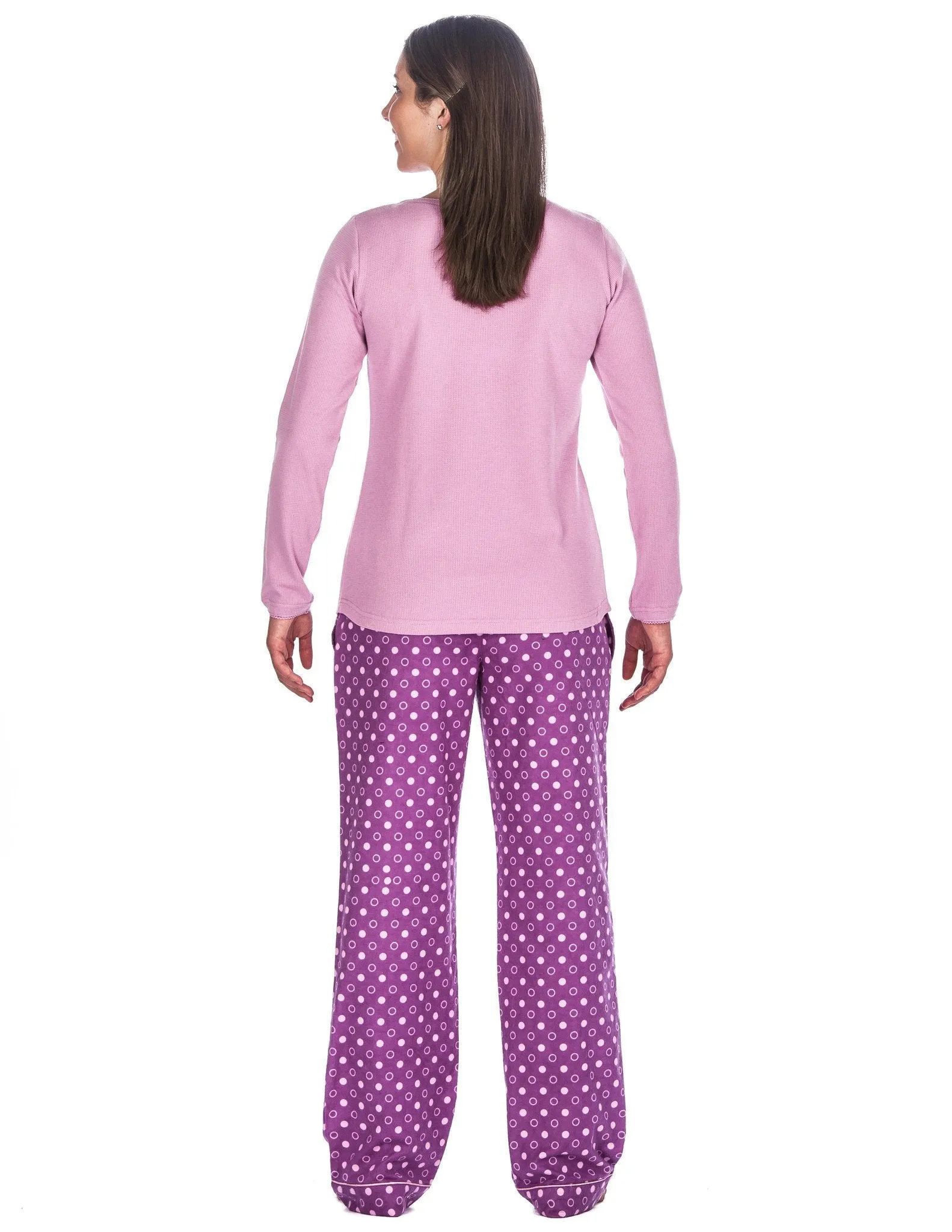 Relaxed Fit Womens Cotton Flannel Lounge Set with Crew Neck Top - Polka Circles Purple