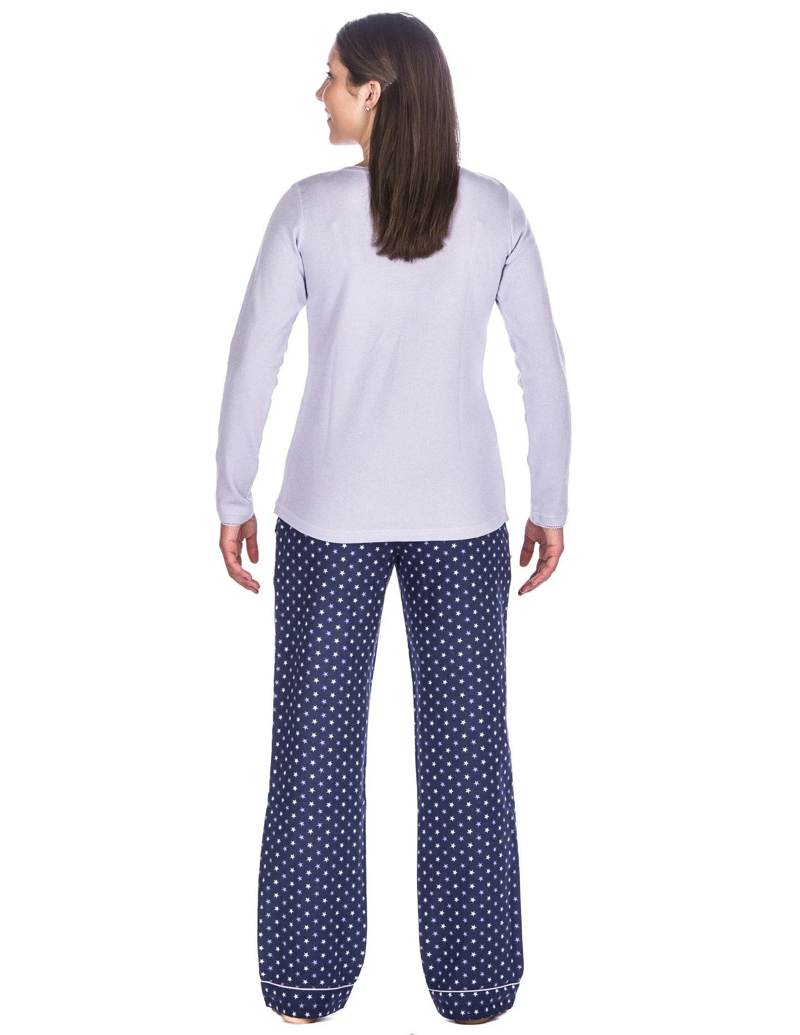 Relaxed Fit Womens Cotton Flannel Lounge Set with Crew Neck Top - Stars Blue