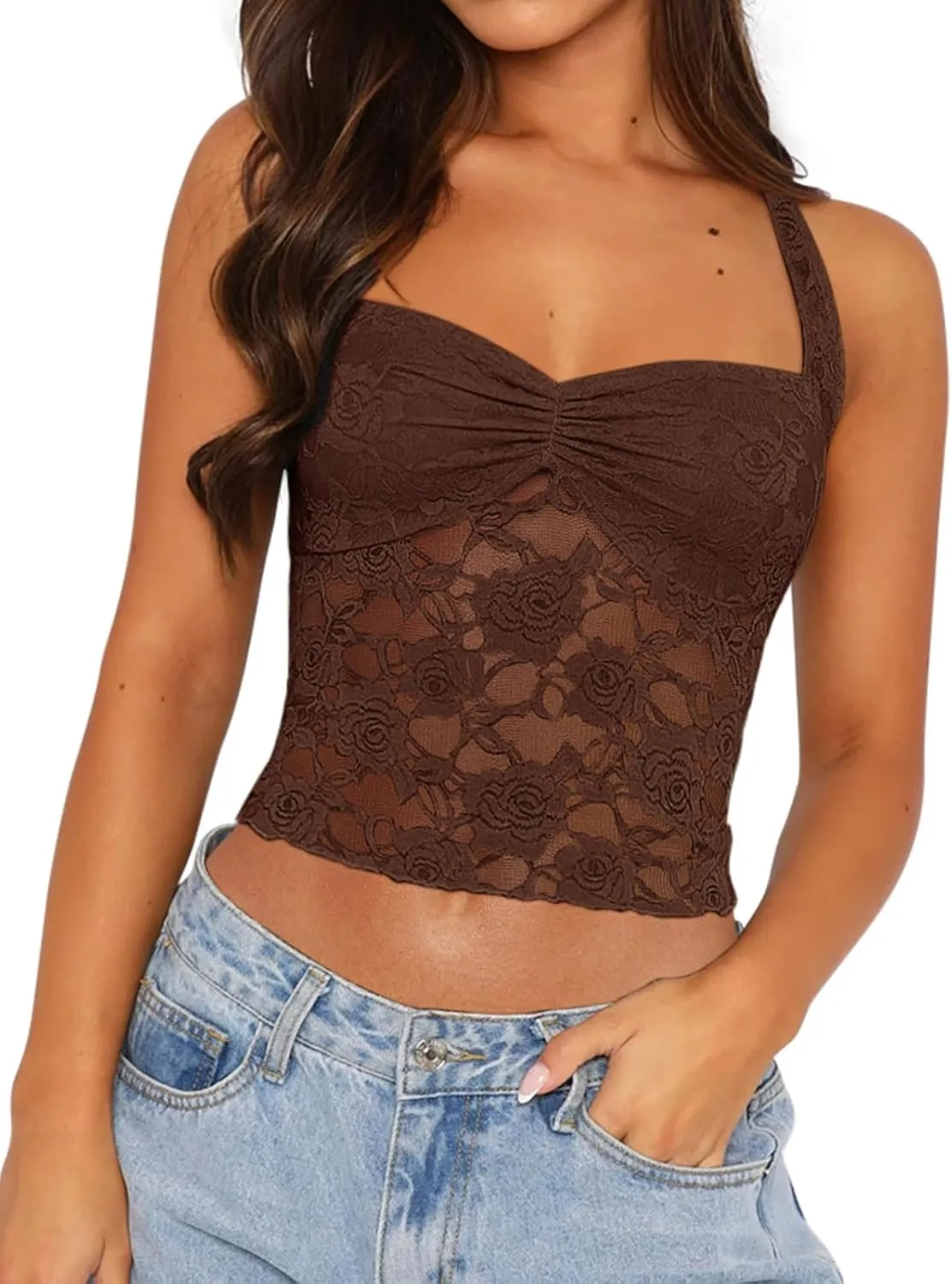 REORIA Lace Tops for Women Halter Sexy Going Out Tank Crop Y2K Fashion Top 2025 Trendy