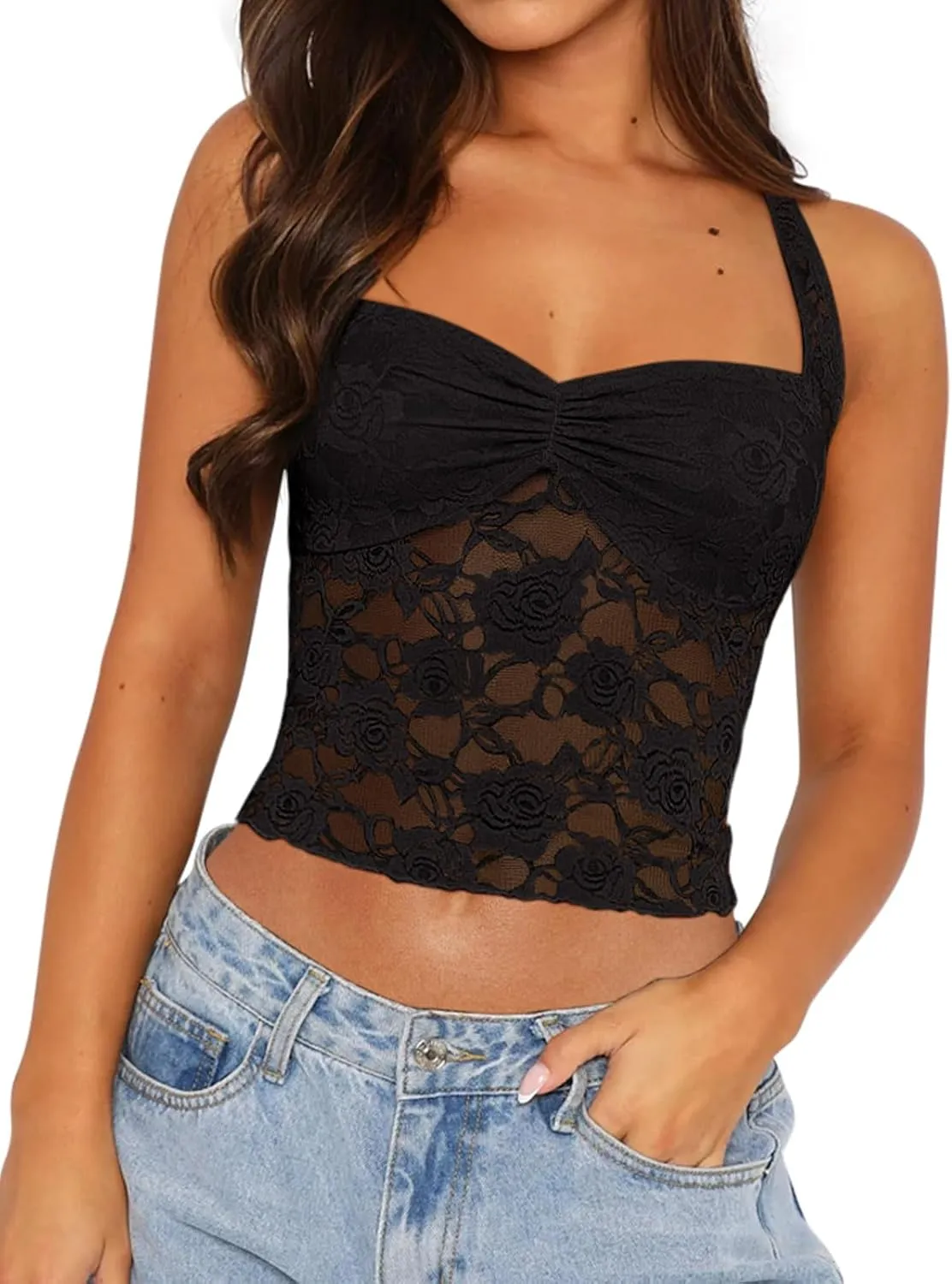 REORIA Lace Tops for Women Halter Sexy Going Out Tank Crop Y2K Fashion Top 2025 Trendy