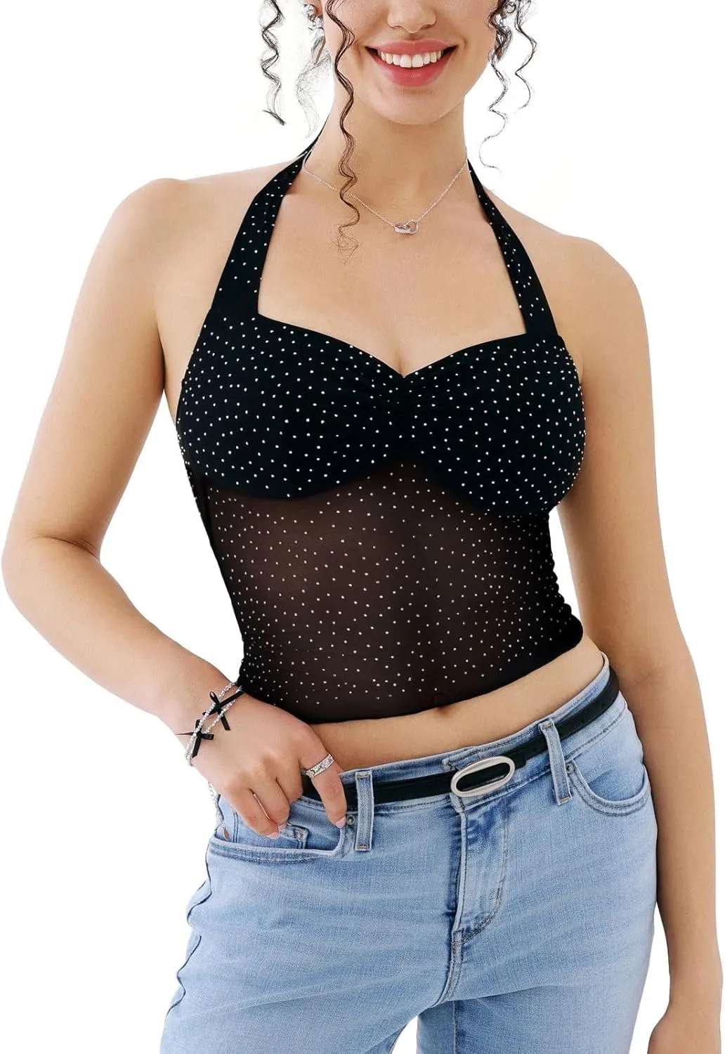 REORIA Lace Tops for Women Halter Sexy Going Out Tank Crop Y2K Fashion Top 2025 Trendy