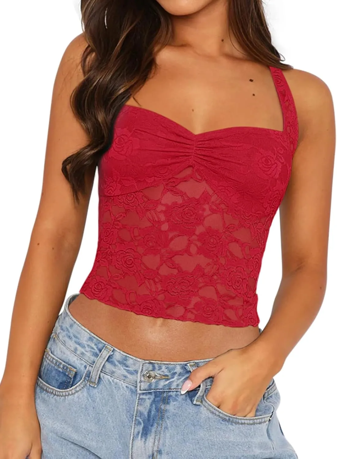 REORIA Lace Tops for Women Halter Sexy Going Out Tank Crop Y2K Fashion Top 2025 Trendy