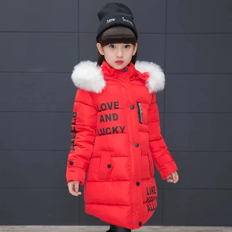 Russian Winter Girls Parka Faux Fur Collar Long Girls Cotton-padded Jacket 4-13 Years Kids Teenagers Outerwear Coat