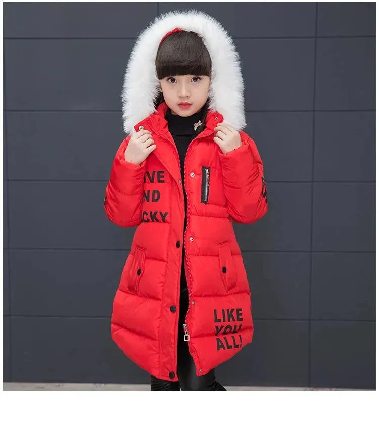 Russian Winter Girls Parka Faux Fur Collar Long Girls Cotton-padded Jacket 4-13 Years Kids Teenagers Outerwear Coat