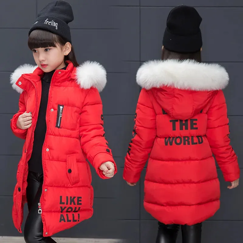 Russian Winter Girls Parka Faux Fur Collar Long Girls Cotton-padded Jacket 4-13 Years Kids Teenagers Outerwear Coat