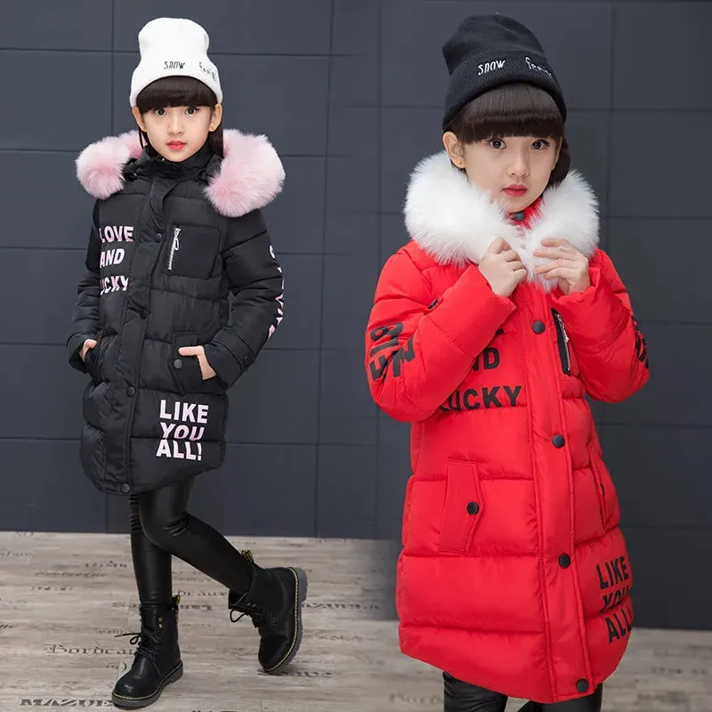 Russian Winter Girls Parka Faux Fur Collar Long Girls Cotton-padded Jacket 4-13 Years Kids Teenagers Outerwear Coat