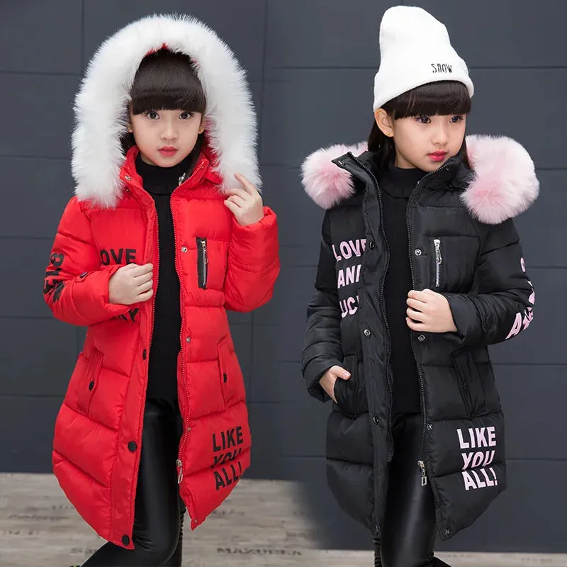 Russian Winter Girls Parka Faux Fur Collar Long Girls Cotton-padded Jacket 4-13 Years Kids Teenagers Outerwear Coat