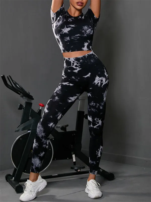 Seamless tie-dye sports yoga short-sleeved top and leggings two-piece set