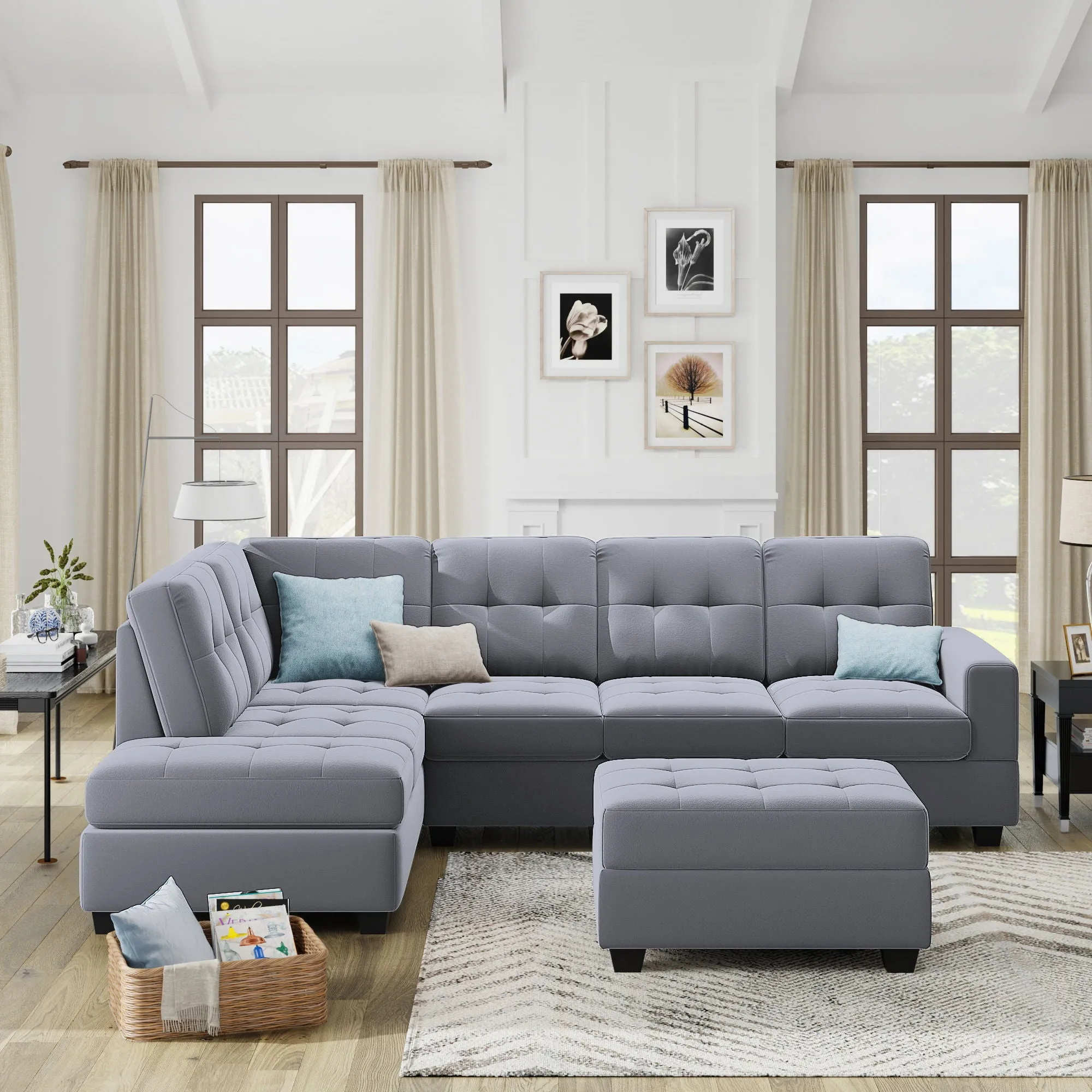 Sectional Sofa With Reversible Chaise Lounge, L-Shaped Couch With Storage Ottoman And Cup Holders