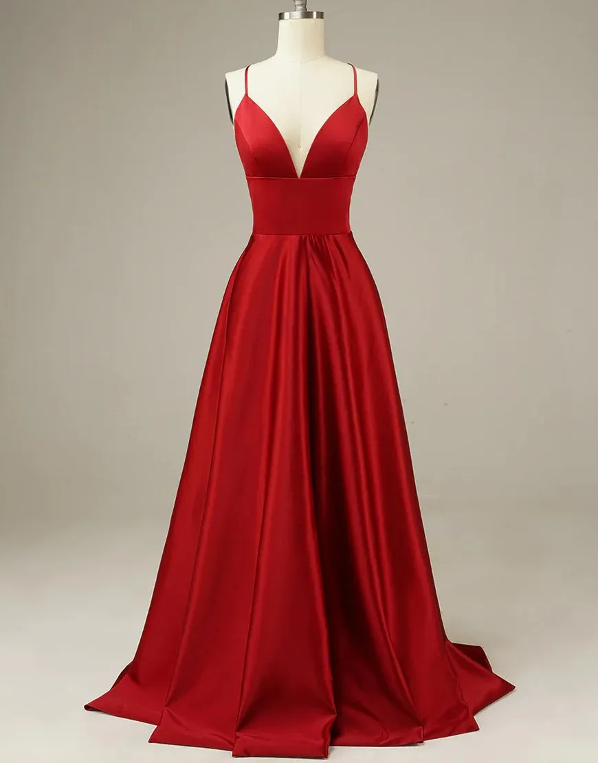 Simple A Line Long Satin Red Prom Dresses