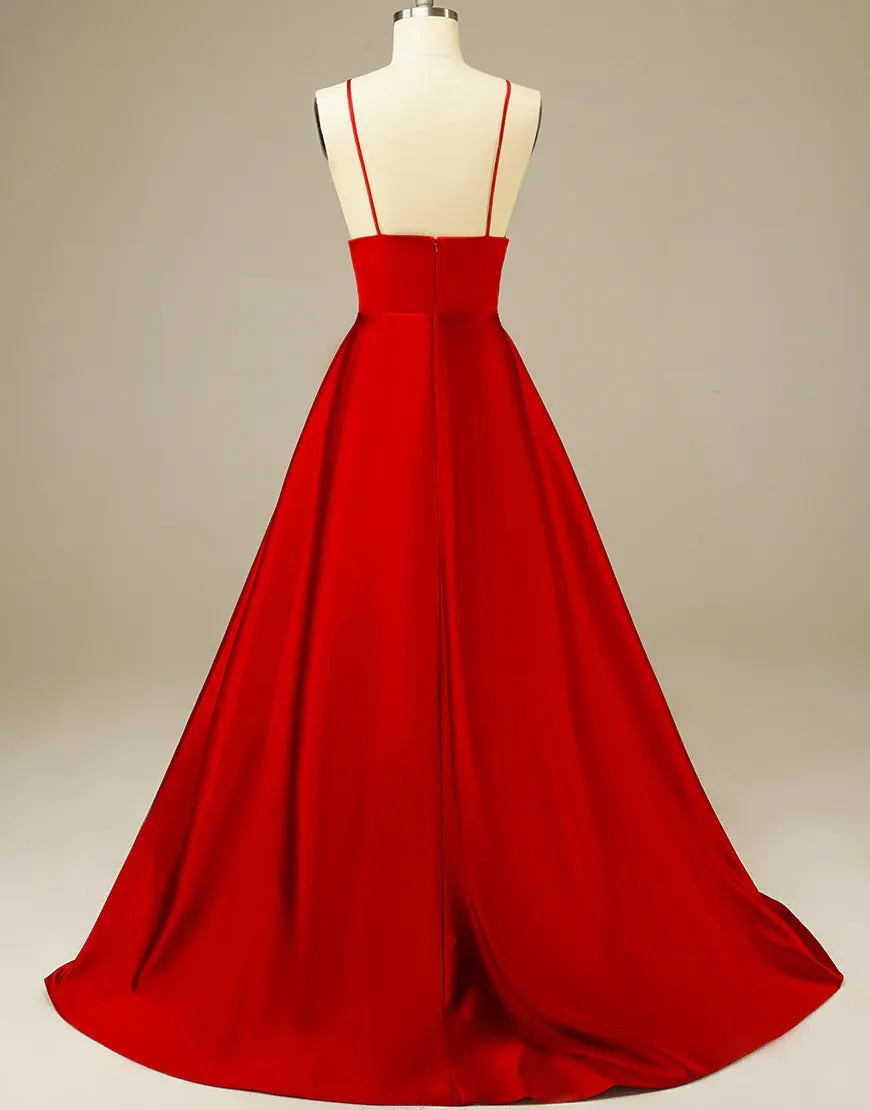 Simple A Line Long Satin Red Prom Dresses