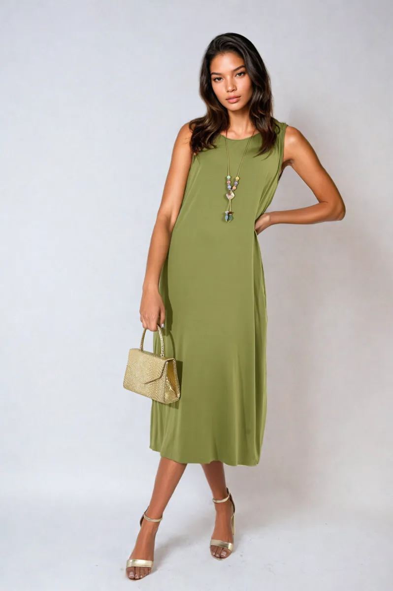 Sleeveless Slit Midi Dress with Side Pockets