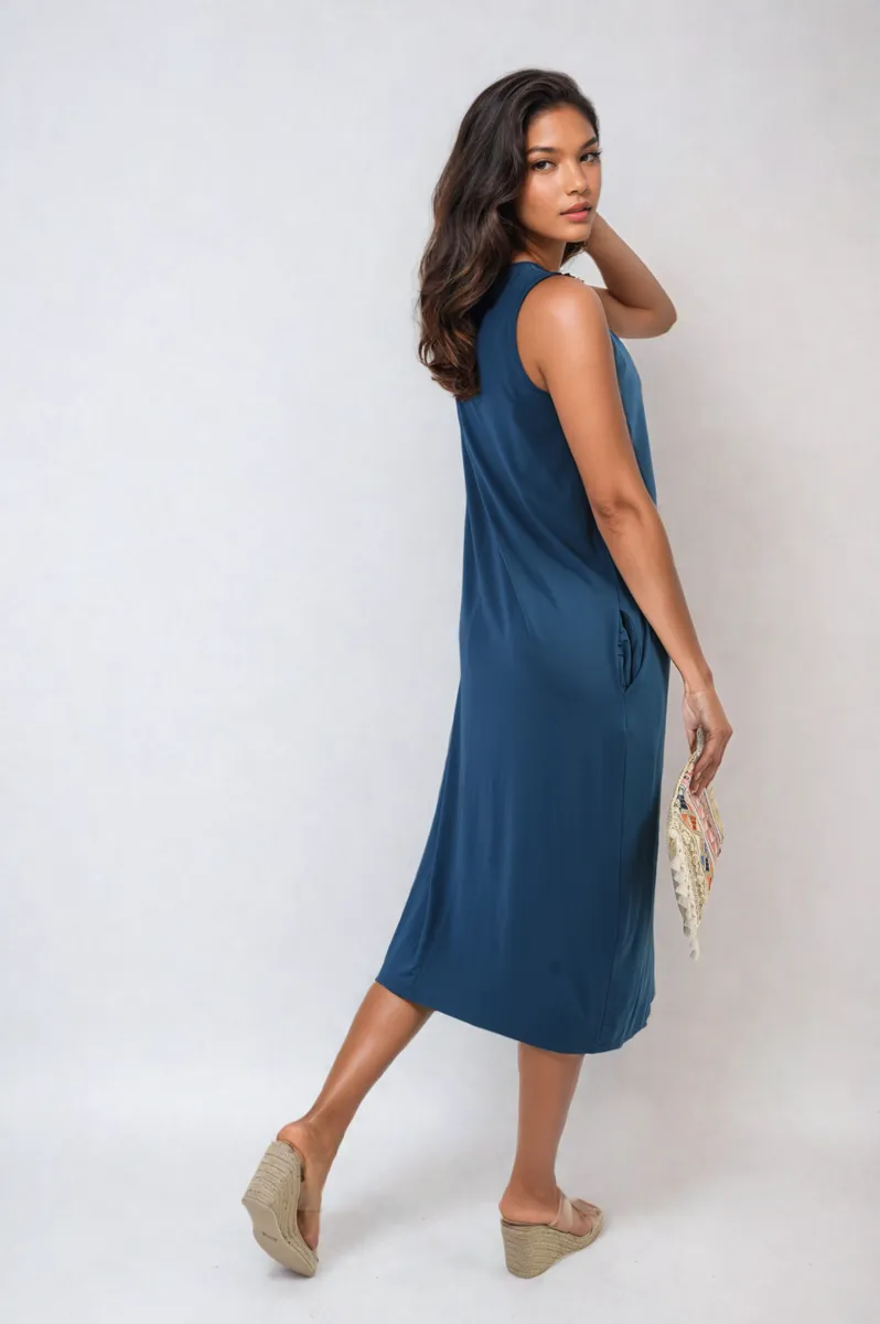 Sleeveless Slit Midi Dress with Side Pockets