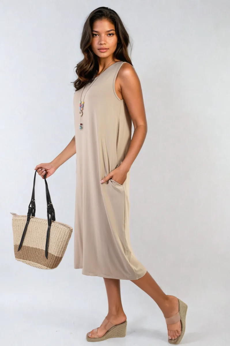 Sleeveless Slit Midi Dress with Side Pockets