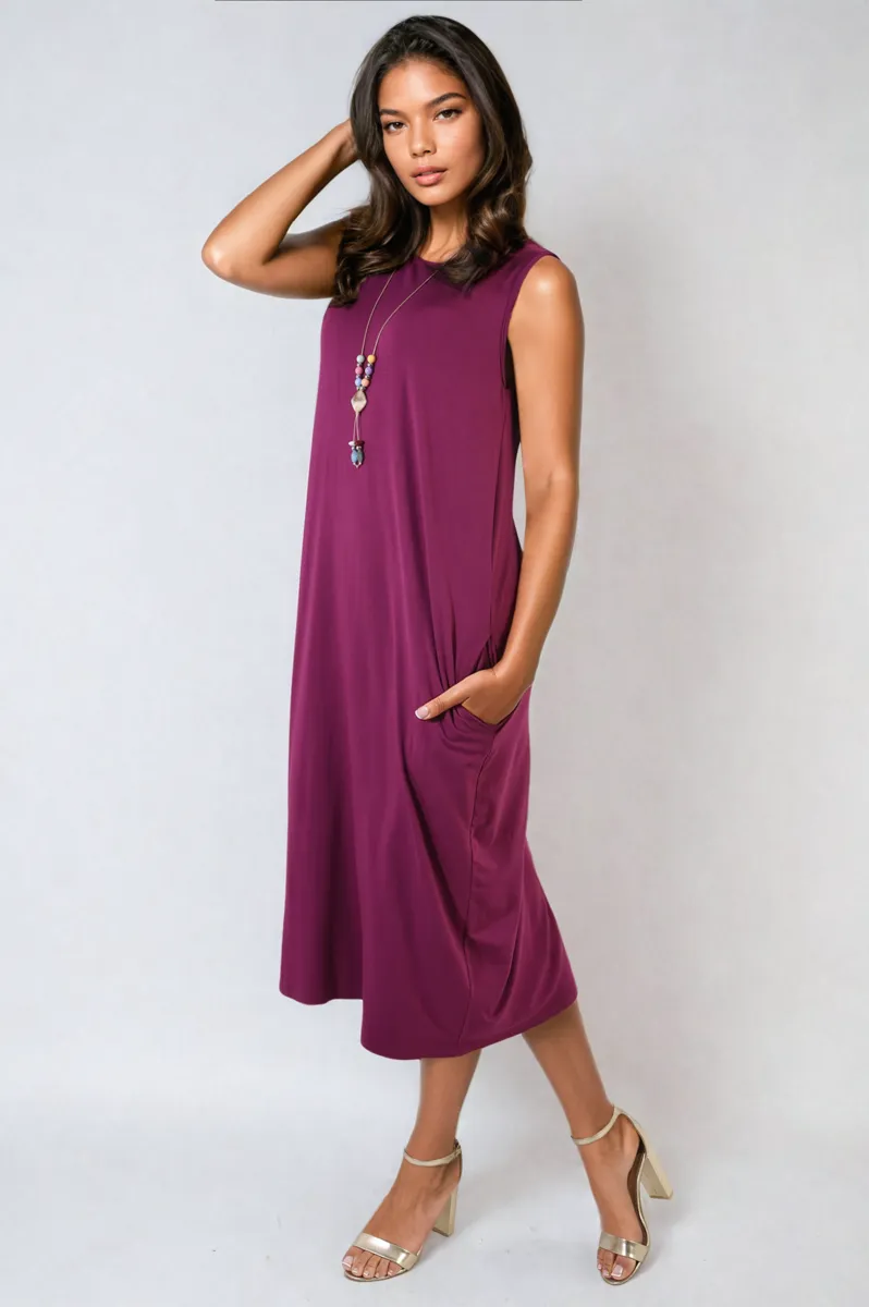 Sleeveless Slit Midi Dress with Side Pockets