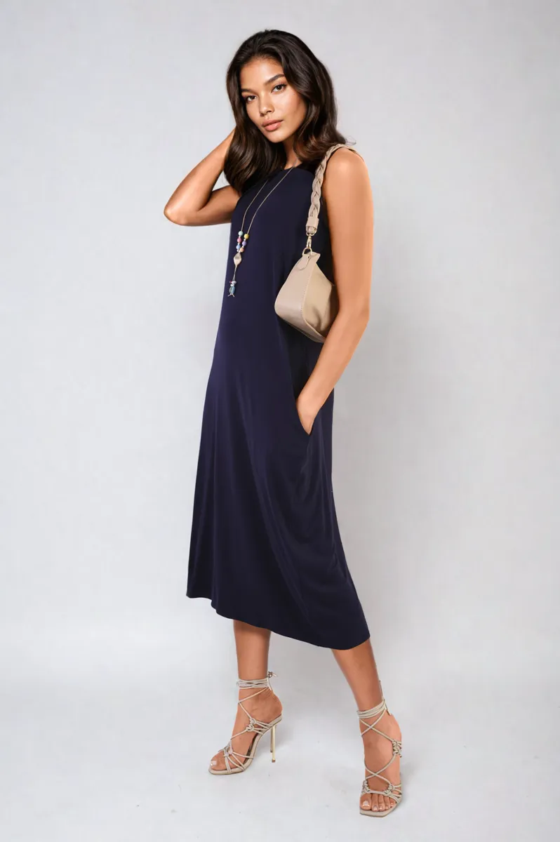 Sleeveless Slit Midi Dress with Side Pockets