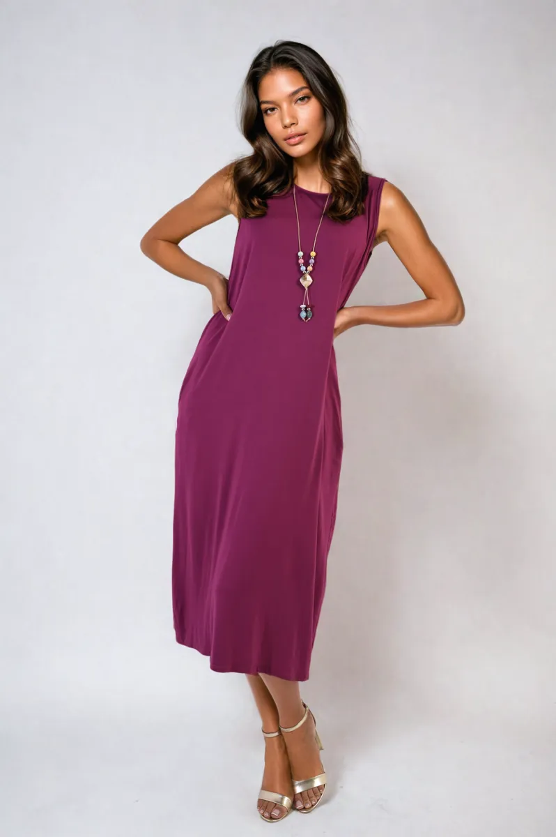 Sleeveless Slit Midi Dress with Side Pockets