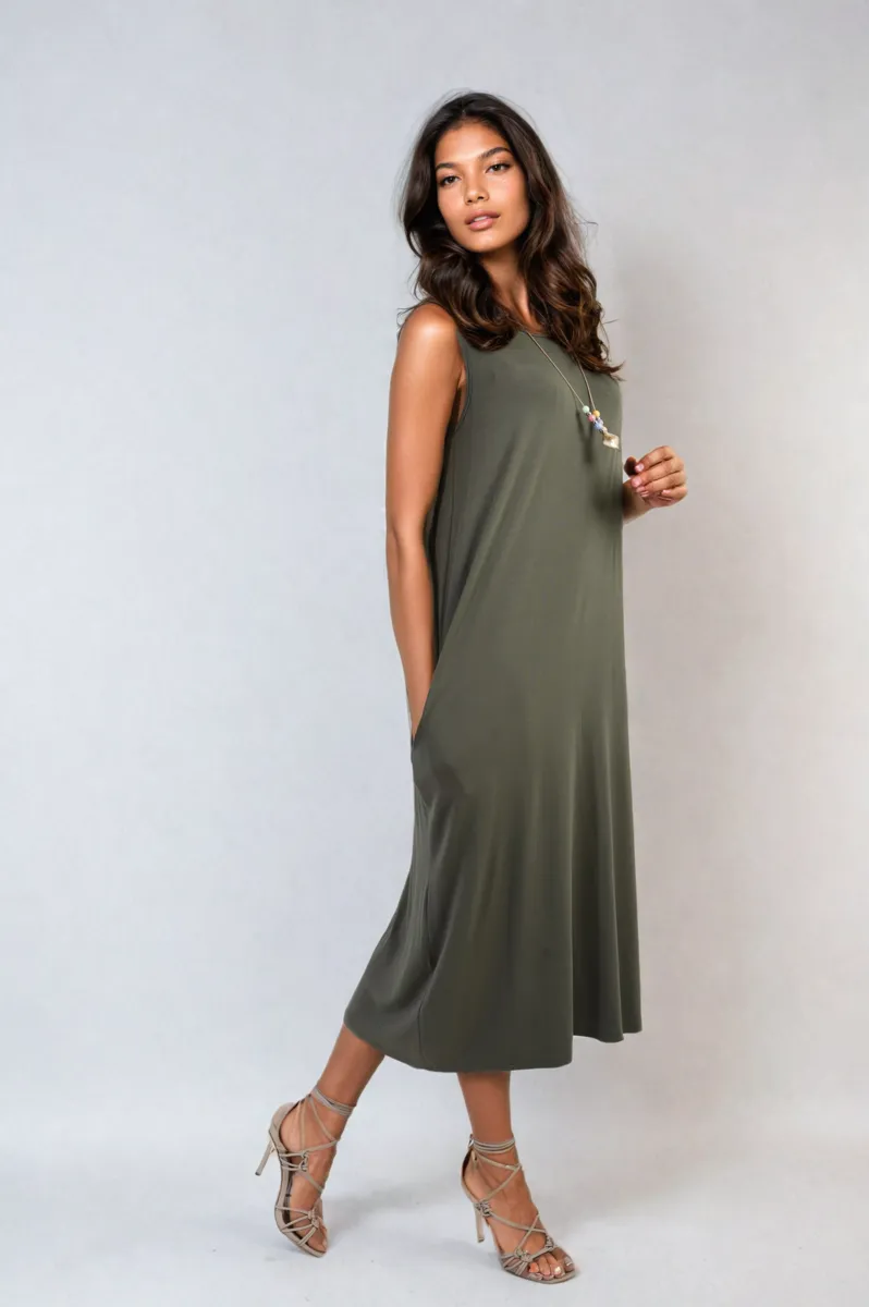 Sleeveless Slit Midi Dress with Side Pockets