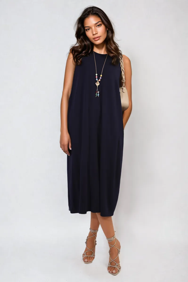 Sleeveless Slit Midi Dress with Side Pockets