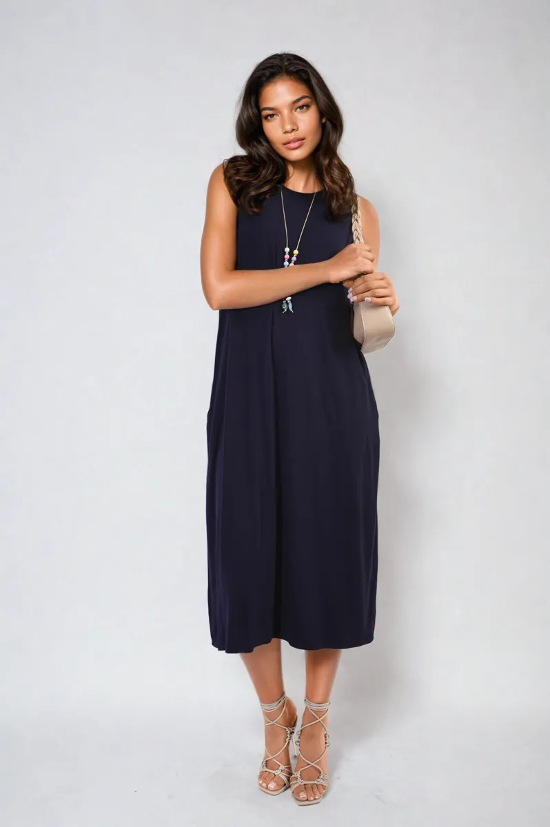 Sleeveless Slit Midi Dress with Side Pockets