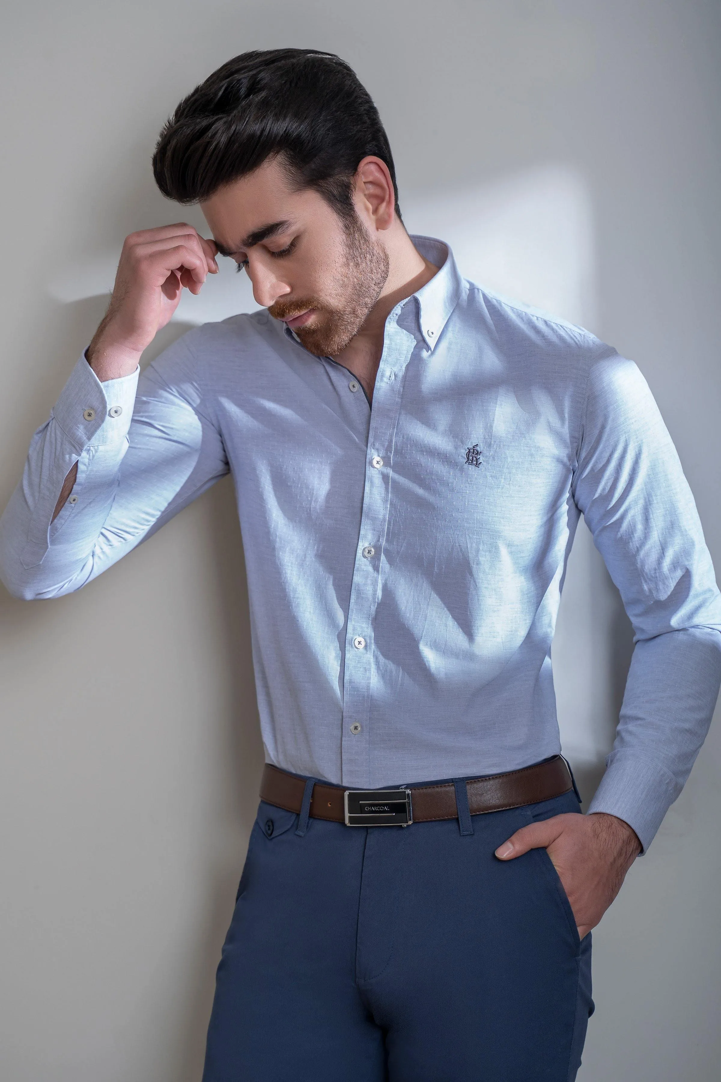 SMART SHIRT BUTTON DOWN FULL SLEEVE GREY WHITE