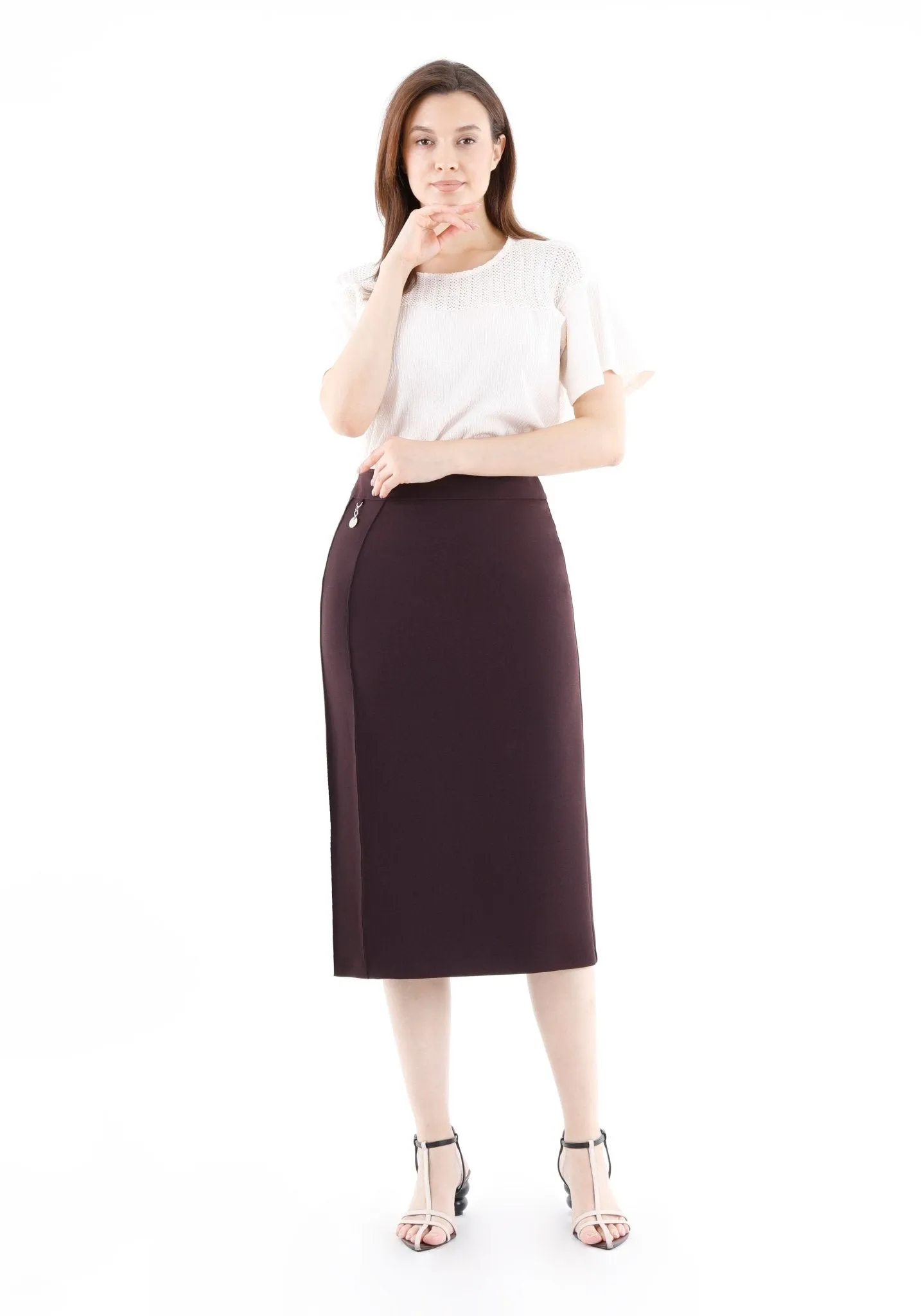 Stitch Detail Damson Pencil Midi Skirt