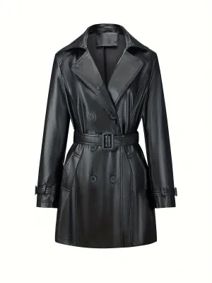 Stylish Belted Faux Leather Trench Coat with Vintage Long Sleeve Design for Women | Perfect for Casual Days