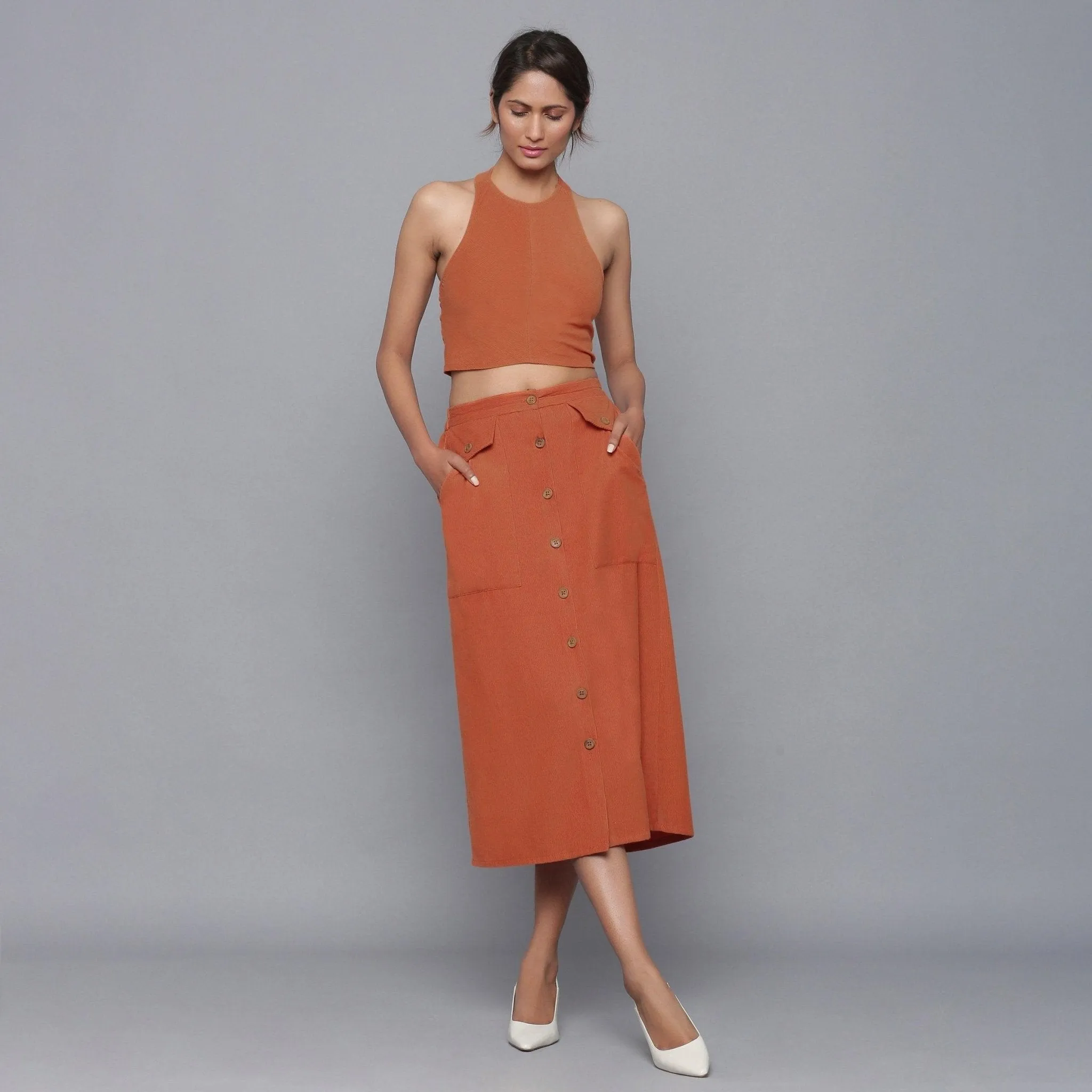 Sunset Rust Warm Cotton Corduroy Midi Skirt