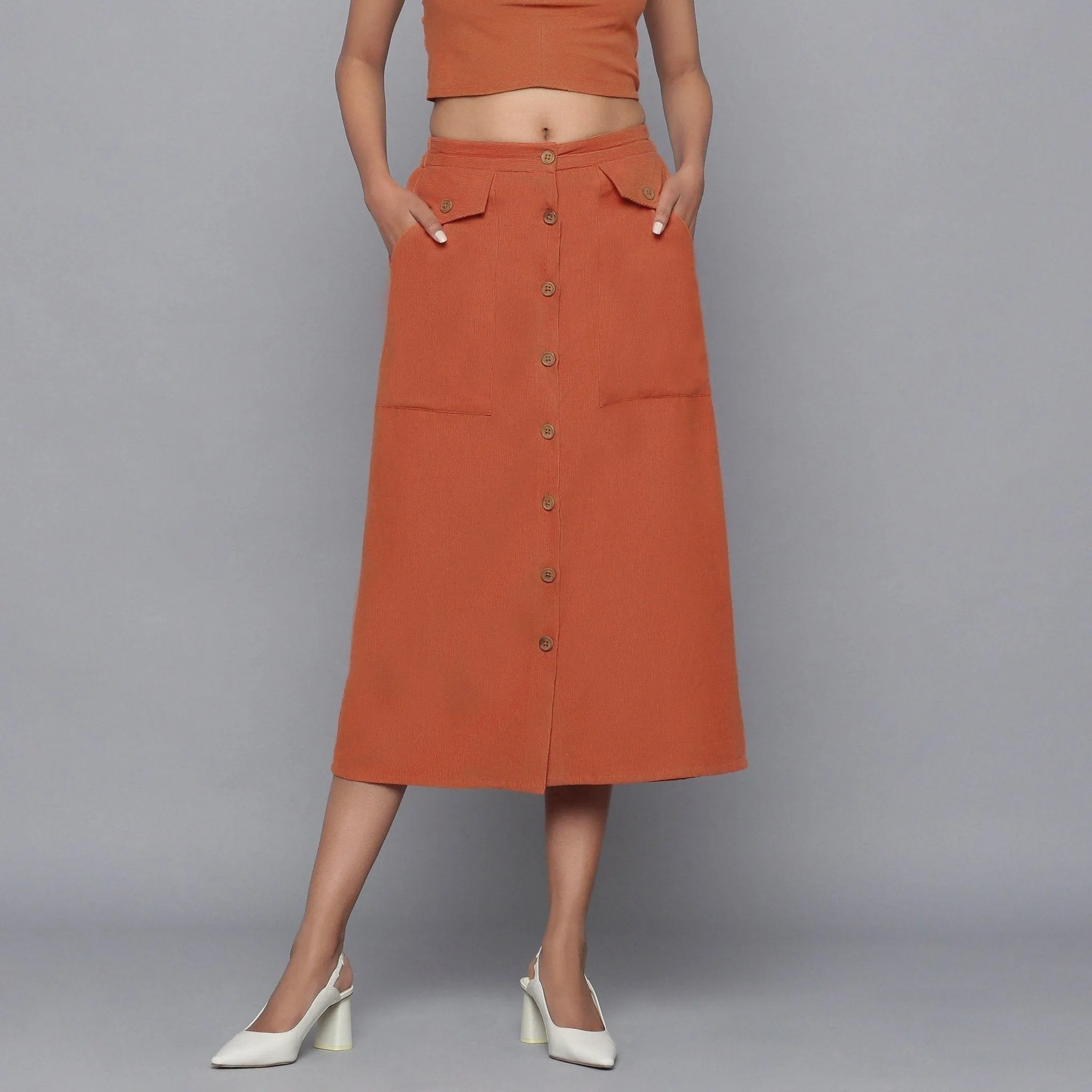 Sunset Rust Warm Cotton Corduroy Midi Skirt