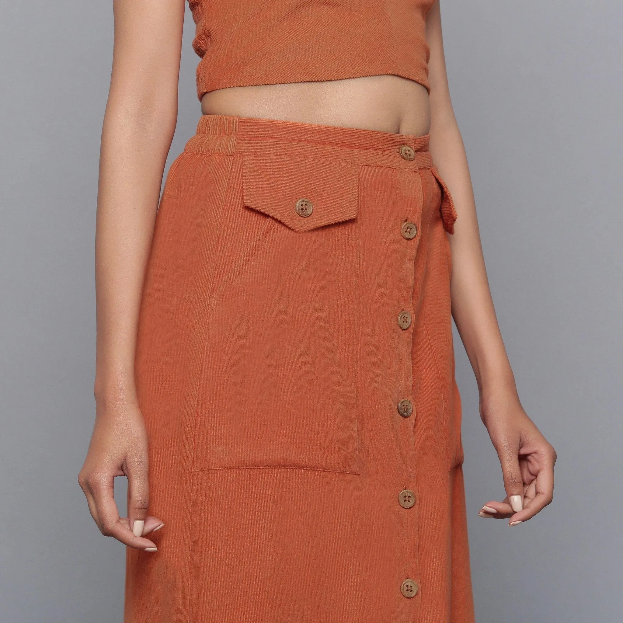 Sunset Rust Warm Cotton Corduroy Midi Skirt