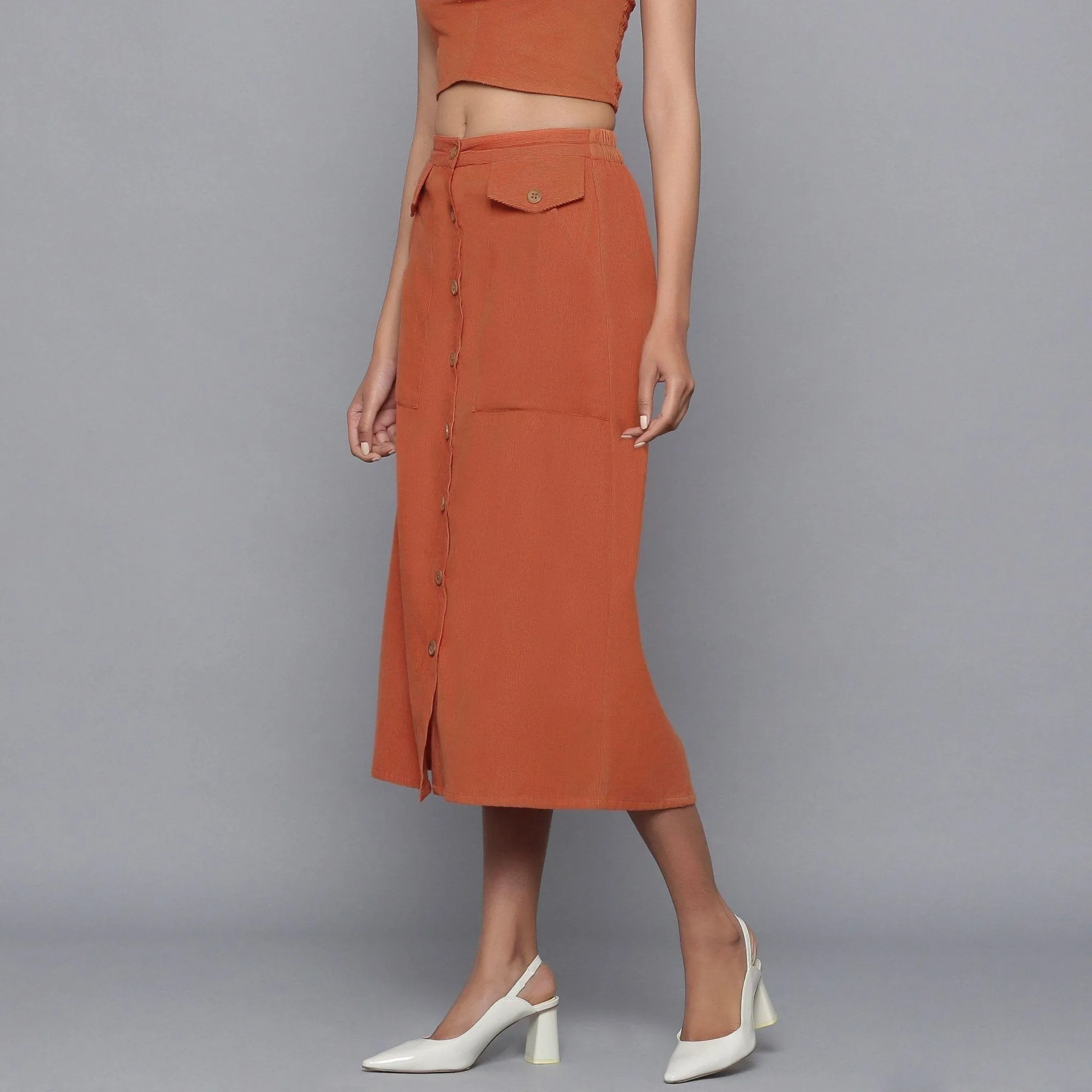 Sunset Rust Warm Cotton Corduroy Midi Skirt