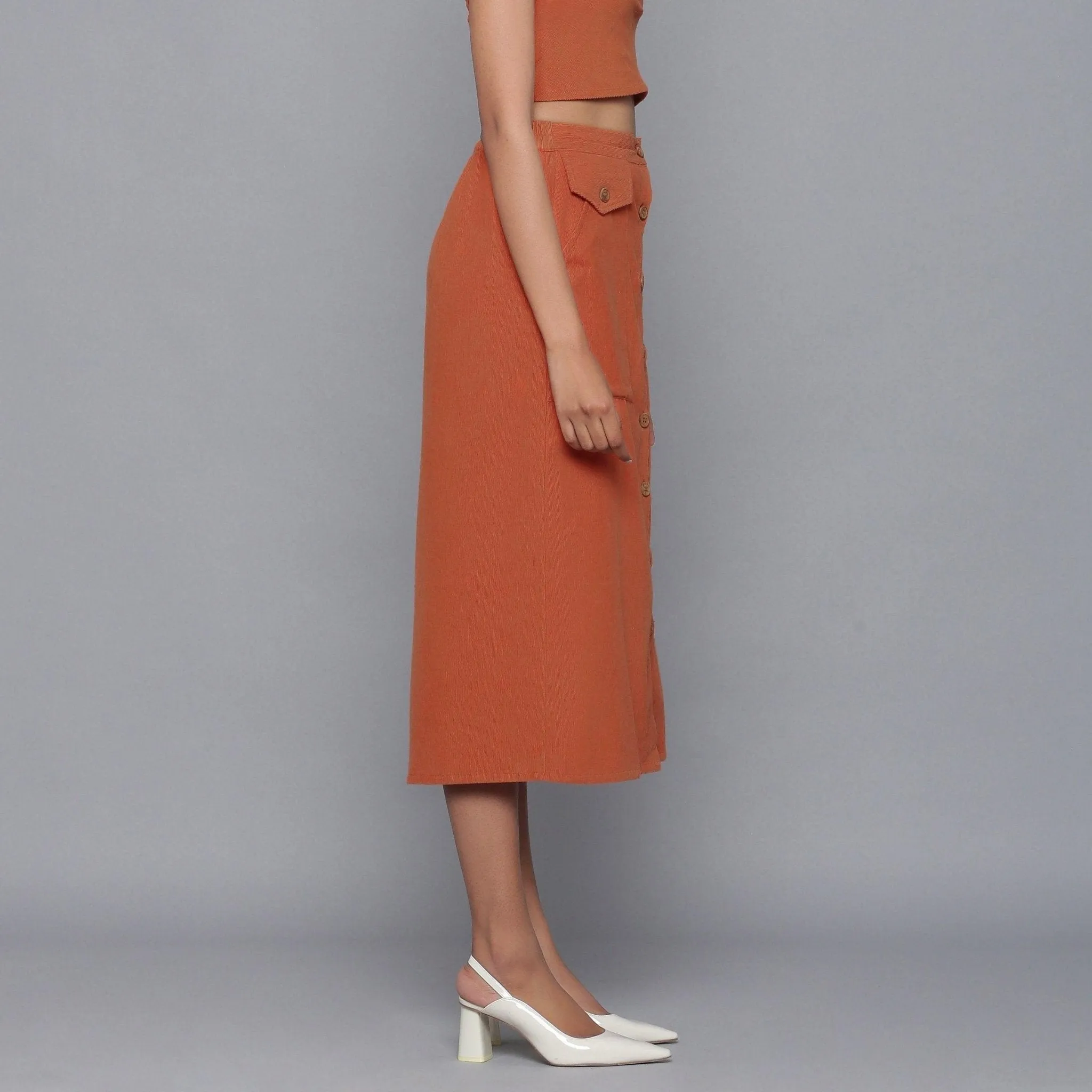 Sunset Rust Warm Cotton Corduroy Midi Skirt