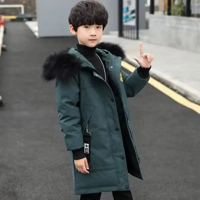 Teen Boys Winter Coat Thicken Warm Kids Jacket Fashion Long Style Zipper Hooded Children Outerwear 5-13 Years