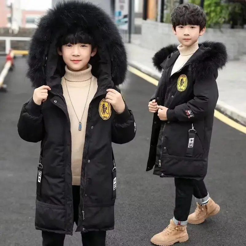 Teen Boys Winter Coat Thicken Warm Kids Jacket Fashion Long Style Zipper Hooded Children Outerwear 5-13 Years