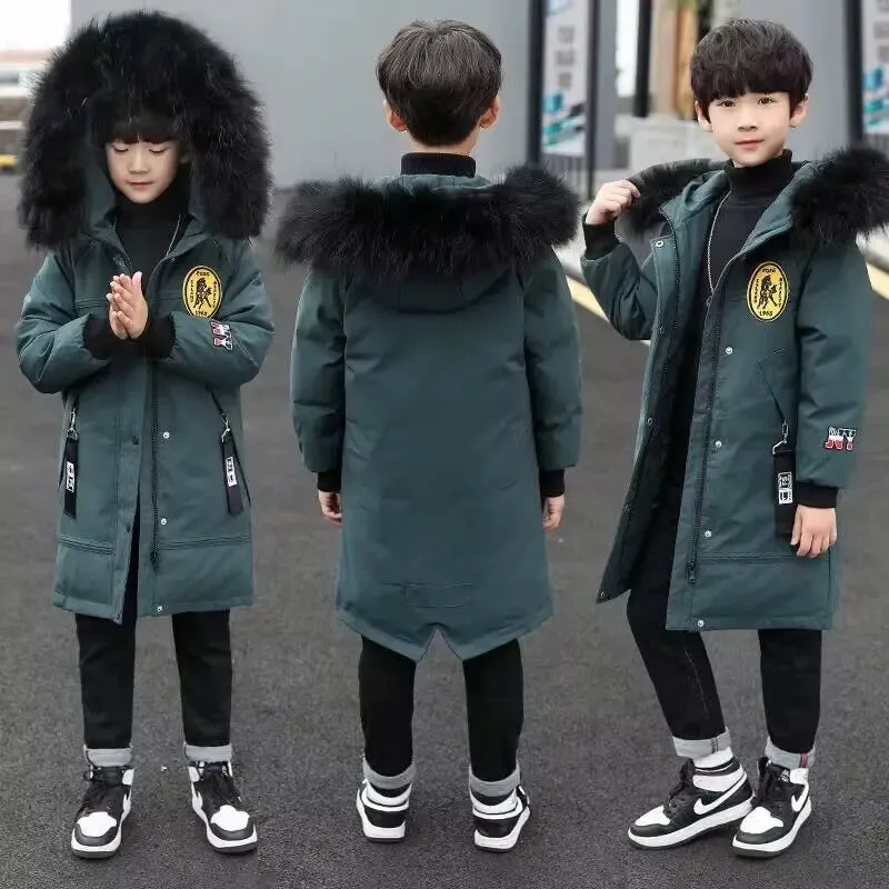 Teen Boys Winter Coat Thicken Warm Kids Jacket Fashion Long Style Zipper Hooded Children Outerwear 5-13 Years